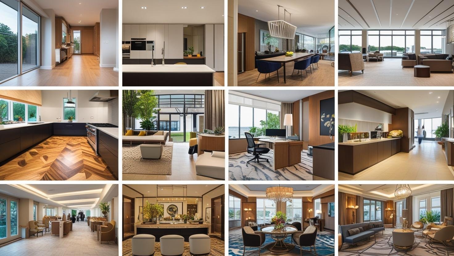 create an collage of images which includes renovated home,house,kitchens,floor,painting all home,office comercial areas hotels